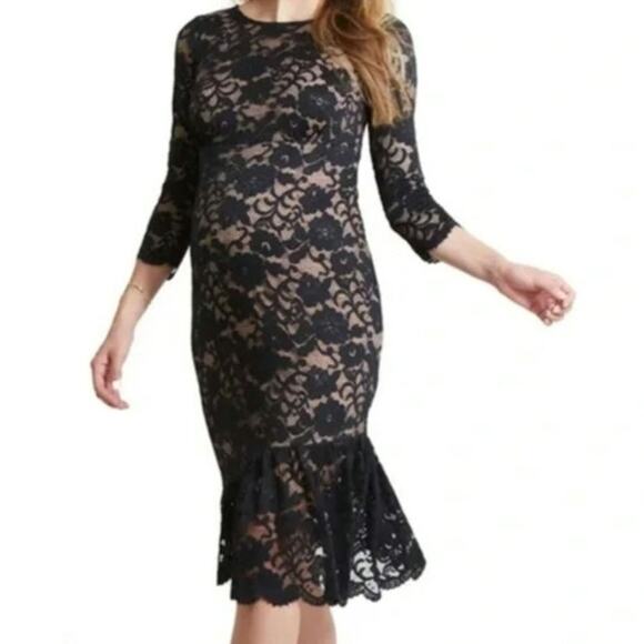 Ingrid and Isabel Black Lace Maternity Flounce Hem Dress L - Picture 1 of 8